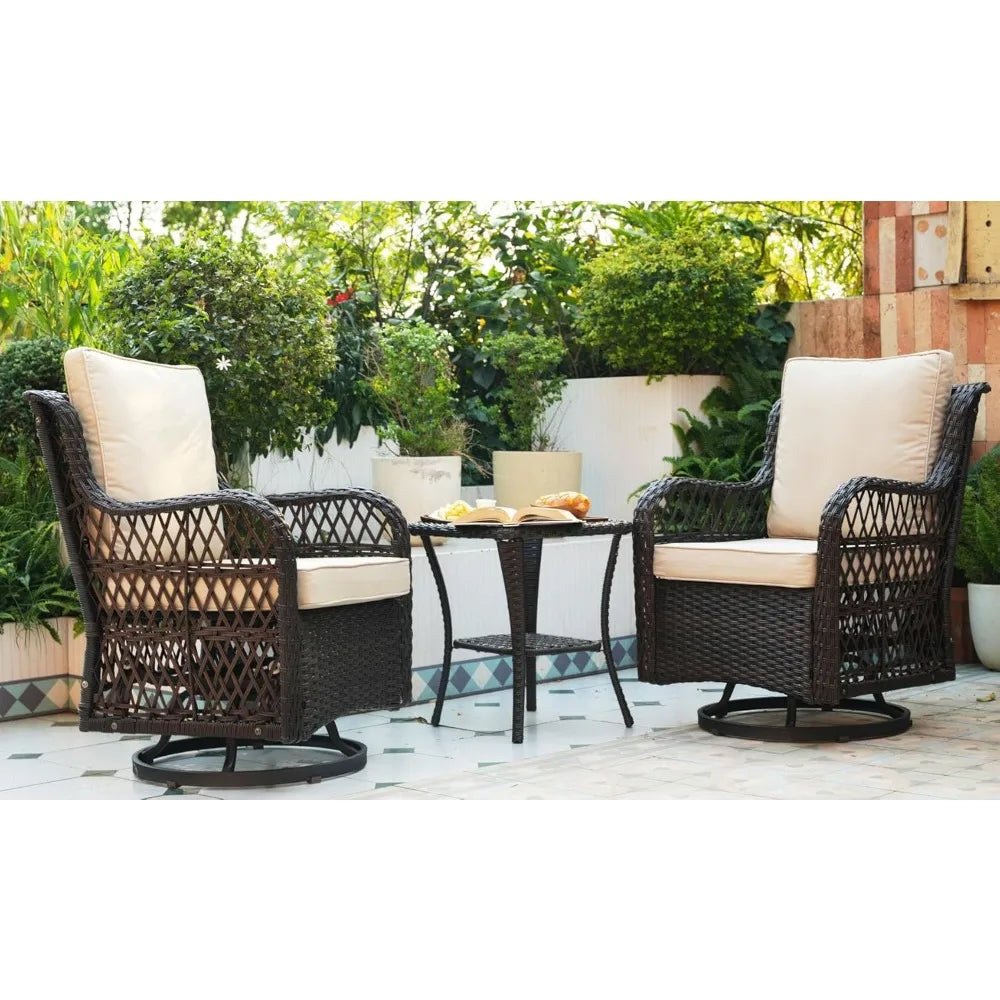 3 piece outdoor patio set, wicker rocking bistro set with 2 swivel chairs & tempered glass top table, rattan outdoor furniture