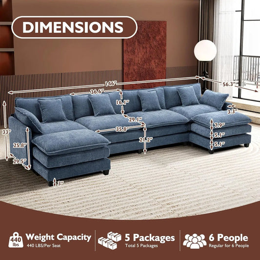 146" U-Shaped Modern Sofa Modular Sectional Cloud Couch with 2 Ottoman, 6-Seat Chenille Deep Seat Sofa with 6, Customized