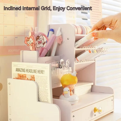 Mark Pen Pencil Holder Wooden Desk Organizers Shelves Accessories Desktop Stationery Organizer Bookshelf Home Office Storage Box