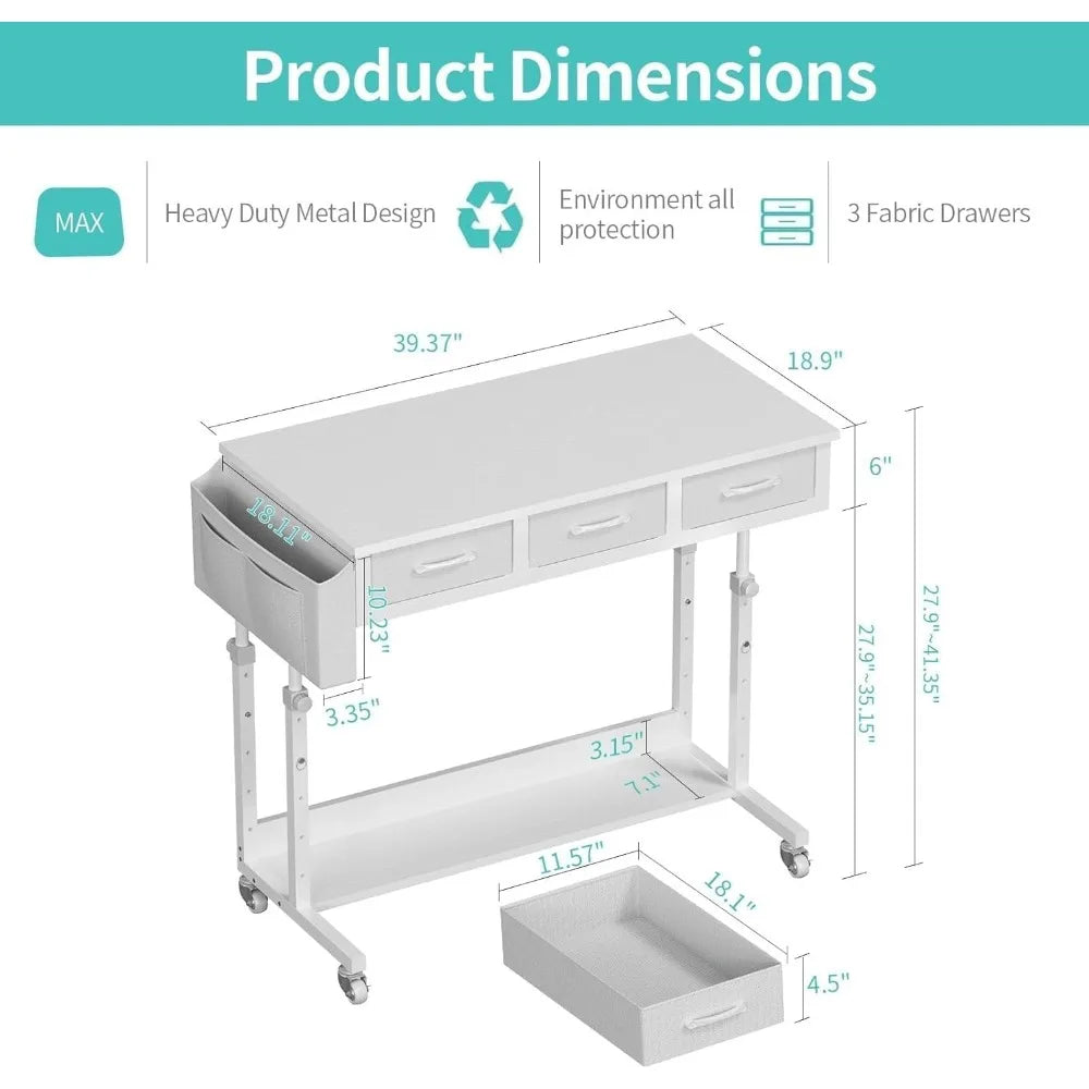 White Portable Rolling Computer Desk - 40 Inch Adjustable Mobile Standing Teacher Desks with 3 Fabric Drawers on Wheels, Couch S