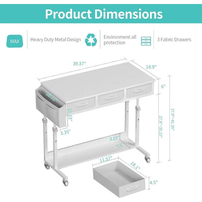 White Portable Rolling Computer Desk - 40 Inch Adjustable Mobile Standing Teacher Desks with 3 Fabric Drawers on Wheels, Couch S