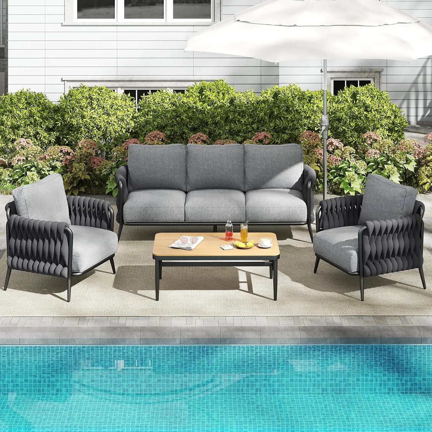 Outdoor Patio Furniture Set 6-Piece, Outdoor 5-Seat Sofa with Coffee Table, Waterproof Thick Cushion Patio Conversation Set, All