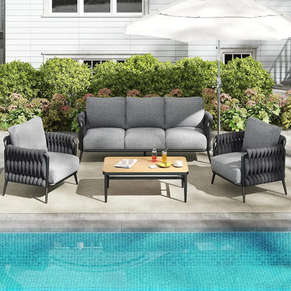 Outdoor Patio Furniture Set 6-Piece, Outdoor 5-Seat Sofa with Coffee Table, Waterproof Thick Cushion Patio Conversation Set, All