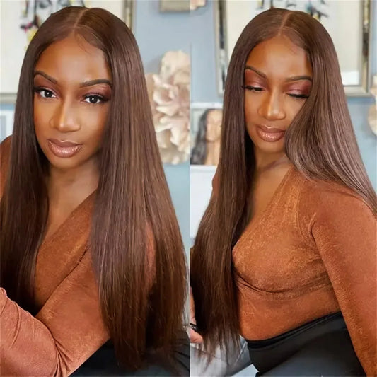 #4 Chocolate Brown Straight Human Hair Wig Chocolate Brown Straight 13x6 Lace Frontal Human Hair Wig 200 Density For Women