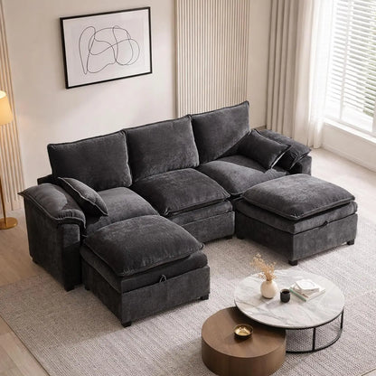 108" U Shaped Cloud Couch Sectional with Ottoman Storage, Chenille Modular Sectional Sofa with Pillow, Modern Deep, Customized