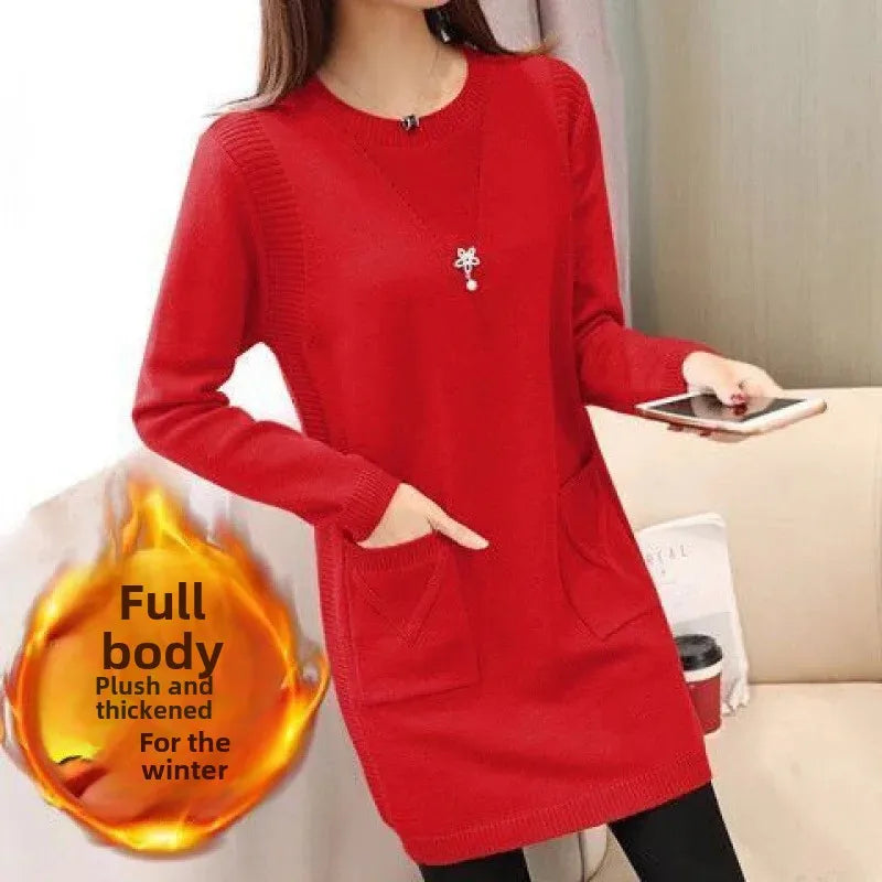 2024 New Style Korean Version Loose-Fit Medium-Length Knit Base Layer Top Women's Pullover Sweater Skirt Fleece-Lined Thickened