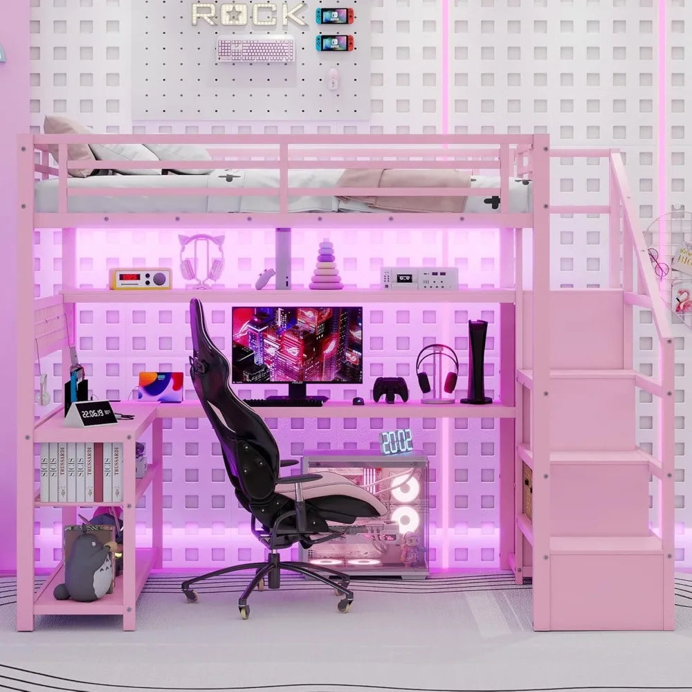 Full Size Loft Bed with LED Lights, Stairs, Desk & Storage for Adults Teens Kids Gaming Room Pink