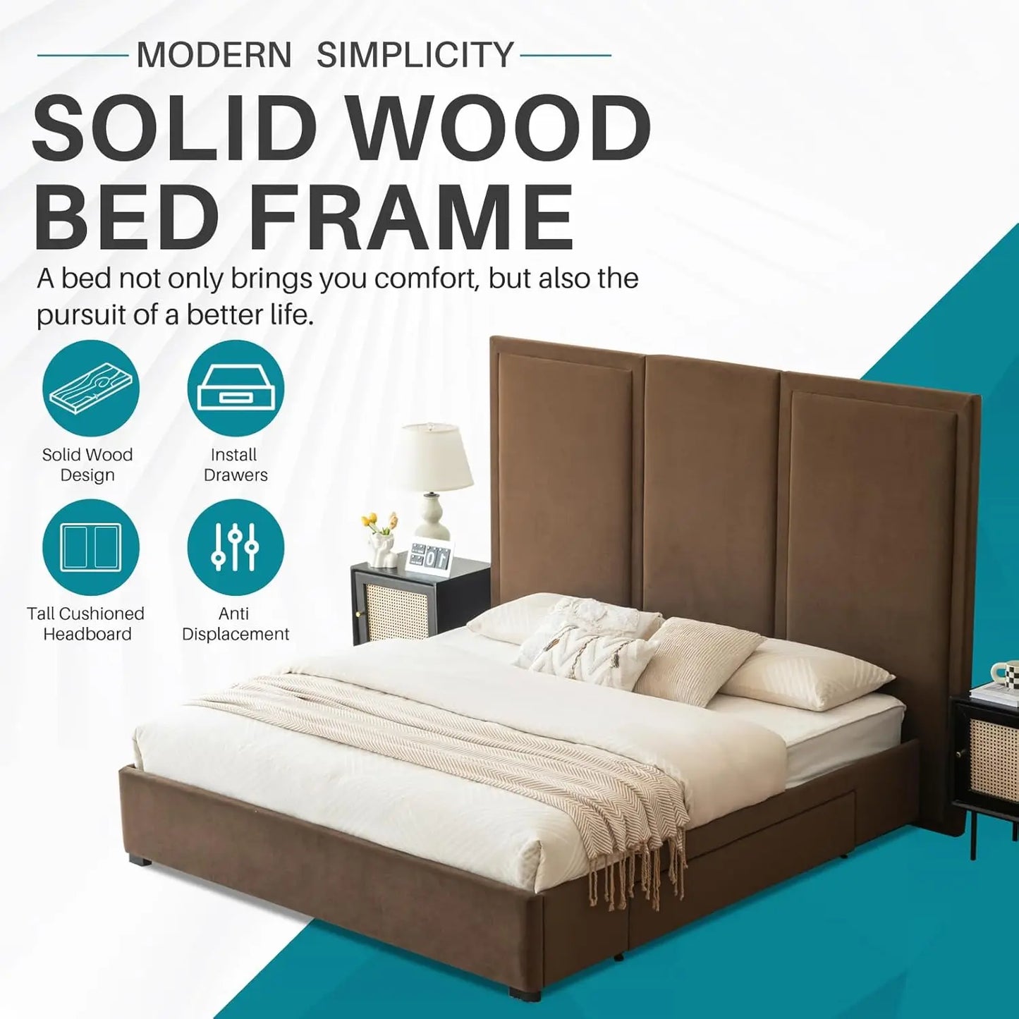 King Size Bed Frame with 64-inch High Headboard, Simple and Airy Linen Upholstered Platform Bed with Storage, Customized