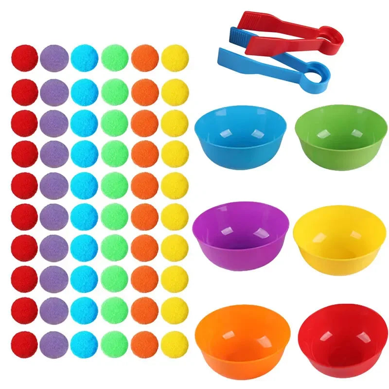 Rainbow Counting Set: Pom Poms Sorting Toys w/ Bowls & Tweezers for Kids, Fine Motor Skills Learning Montessori Math Toy