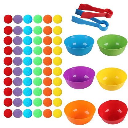 Rainbow Counting Set: Pom Poms Sorting Toys w/ Bowls & Tweezers for Kids, Fine Motor Skills Learning Montessori Math Toy