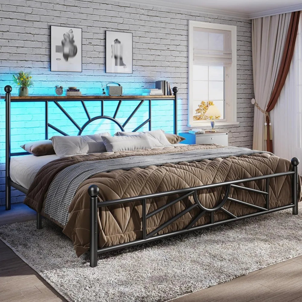 Complete Metal Bed Set with Headboard & Footboard, Built-in LED Lights, Under-Bed Storage & Noise-Free Design,Customized