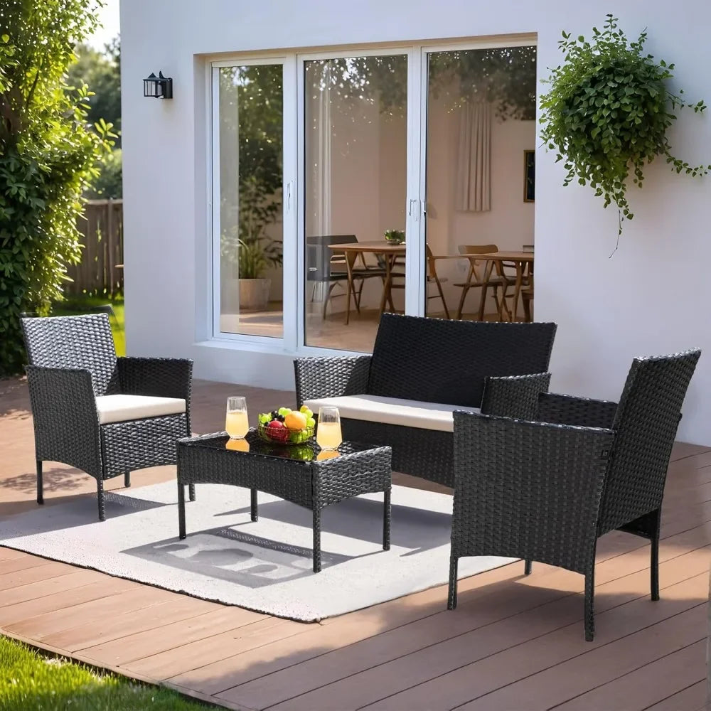 patio furniture 4 pieces conversation sets outdoor wicker rattan chairs garden backyard balcony porch poolside loveseat with cu