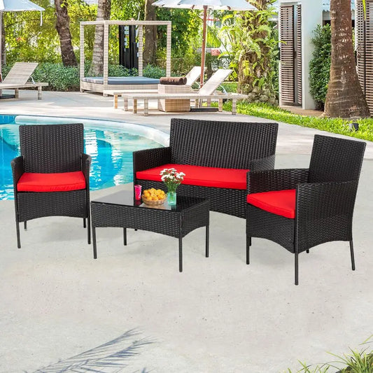 Outdoor Furniture Set 4Pc Modular Patio Furniture Set Water Resistant Conversation Set with 3 Rattan Chairs 1 Tempered Glass Top