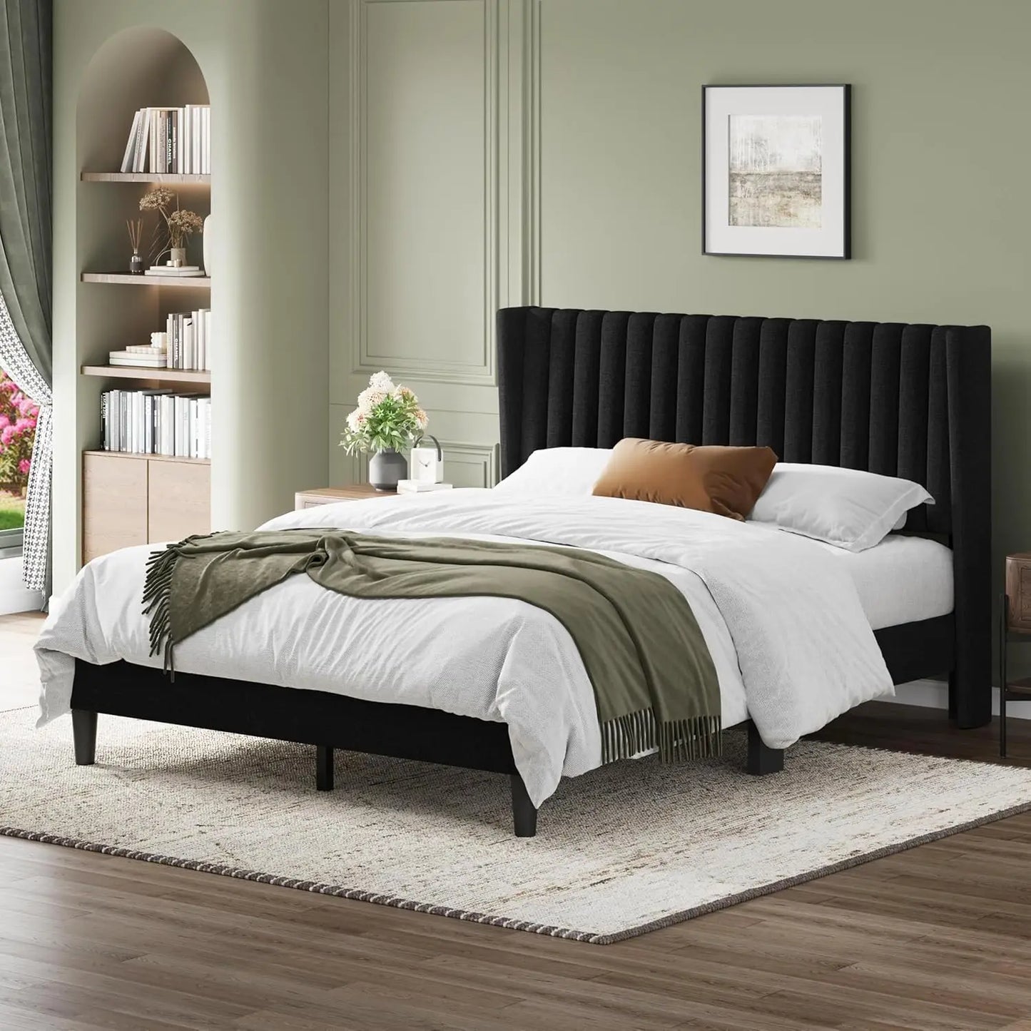 Queen Bed Frame Upholstered Platform Bed with Fabric Headboard, Wing Edge Design/Non-Slip and Noise-Free/Wooden, Customized