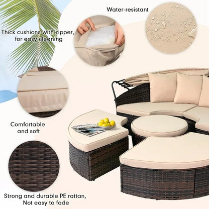 NEW Outdoor Patio Daybed with Retractable Canopy, Wicker Rattan Sectional Round Sofa Furniture Set, 5 Pieces Seating Separates