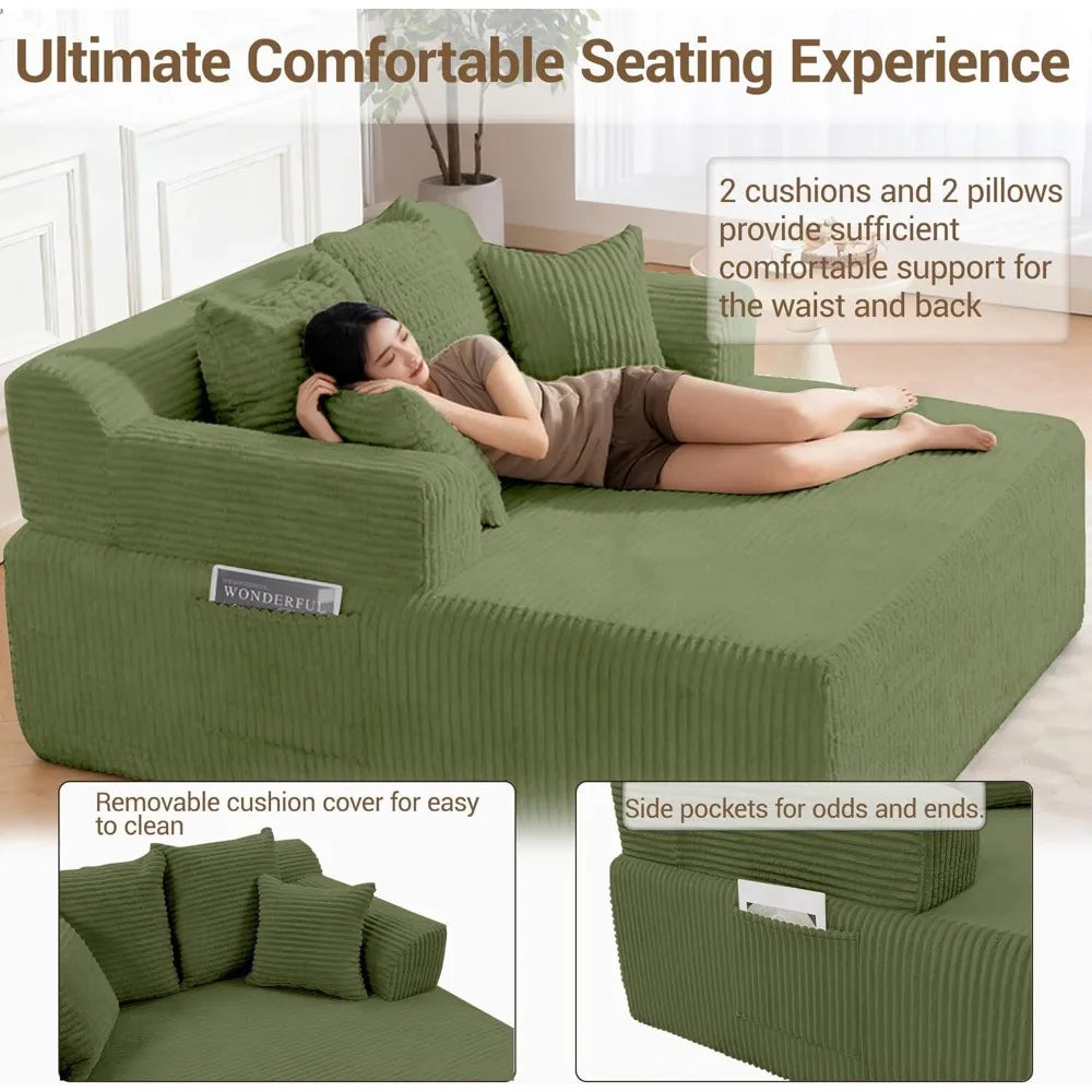 58" Chaise Lounge Chair Indoor, Green - Oversized Corduroy Boneless Sleeper Sofa Bed with Armrests and 4 Pillows, No Assembly