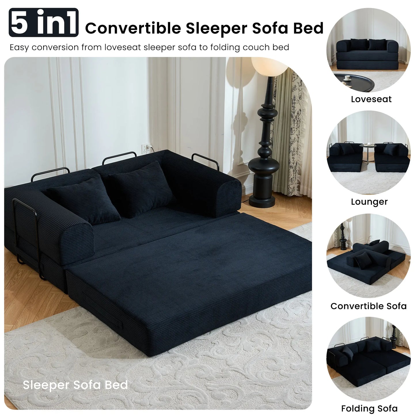 59’’ Convertible Sofa Bed Corduroy Upholstered Boneless Couch, Loveseat Fold Out Small Floor Sleeper for Living Room