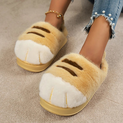 3D Cat Paw Slippers Women's Home Shoes Non Slip Furry Mules Female Fashion Warm Fluffy Slides Outdoor Cat Slippers for Autumn Wi