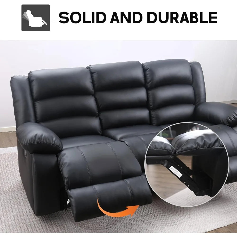 Manual Reclining Sofa 3 Seats with Cup Holders, Overstuffed Armrest Faux Leather Couch for Living Room Bedroom