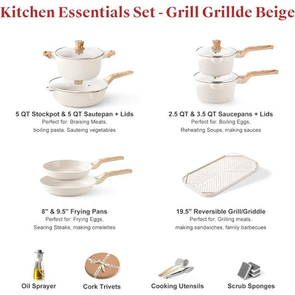 20Pcs Cookware Sets Nonstick Pots and Pans Set Granite Induction Cookware Non Stick Kitchen Cooking Set Grayish White Grill Gri