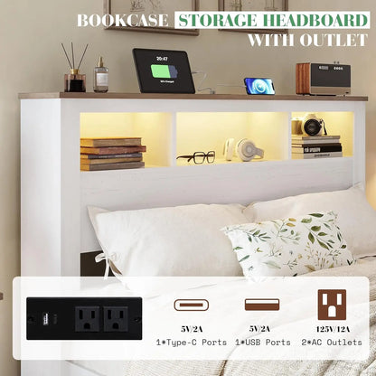 Farmhouse King Size Bed Frame with Storage Bookcase Headboard and Footboard, Storage Wood Platform Bed Frame