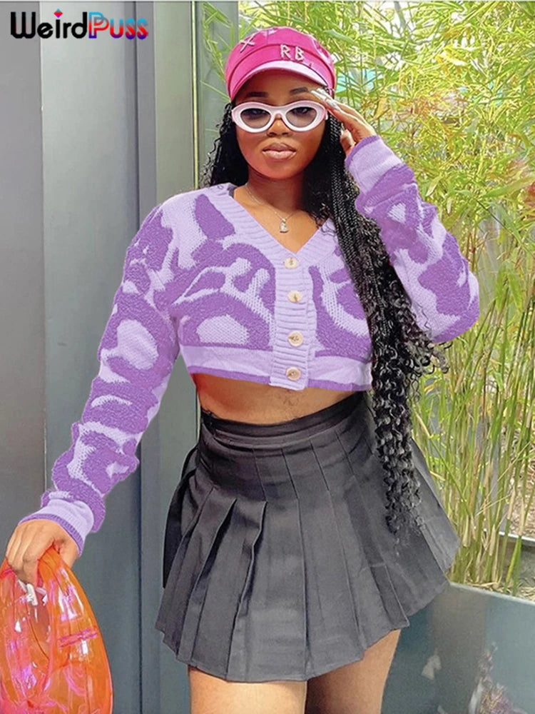 Weird Puss Casual Y2K V-Neck Button Cardigan Sweater Women Autumn Wild Stylish Long Sleeve Warm Streetwear Knit Classic Jumper