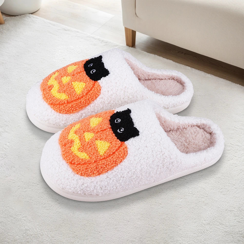 Halloween Pumpkin Cat Slippers Closed Toe Slippers Flat Thermal Slippers Warm Slip-On Unisex House Shoes Winter Halloween Gifts