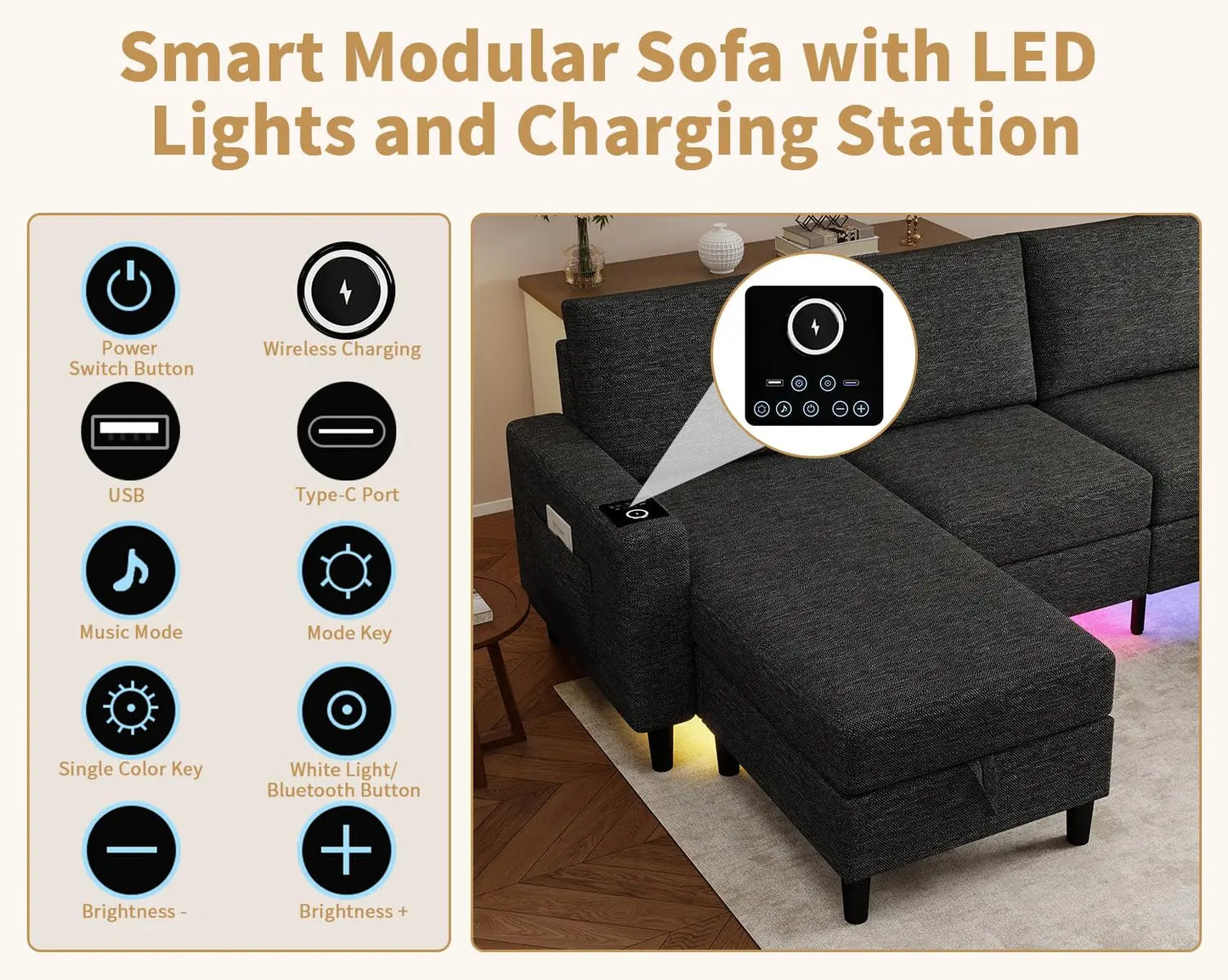 Smart Sectional Couches For Living Room, 6 Seat U/L Shaped Sectional Sofa With RGB Light/Charging, Modern Living, Customized