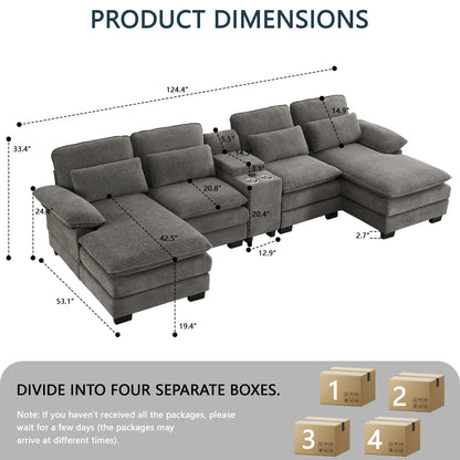 124" Luxury Modern Modular U-Shaped Sectional Sofa, 4-Seater Chenille Cloud Couch w/ Storage Console, Cup Holders & Pillows