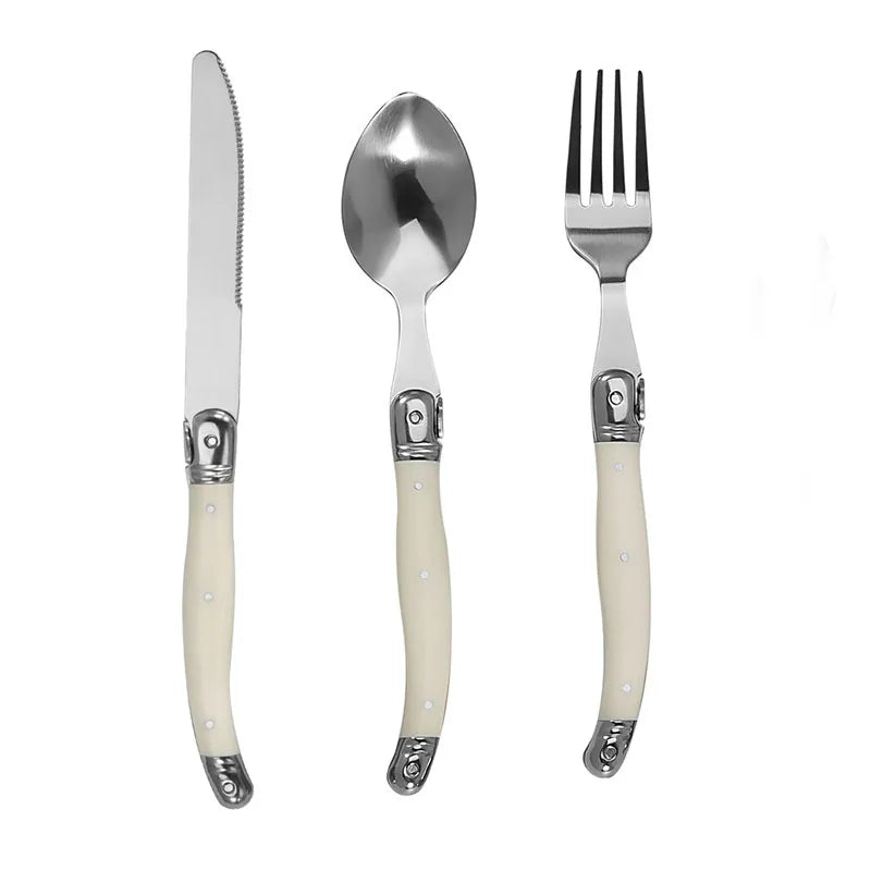 Stainless steel knife, fork, spoon set, milky white plastic handle, steak knife, steak fork spoon, steak tableware for home use