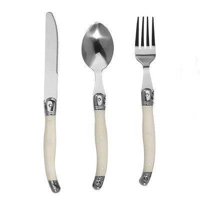 Stainless steel knife, fork, spoon set, milky white plastic handle, steak knife, steak fork spoon, steak tableware for home use