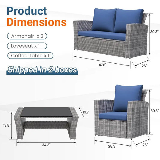 4 Piece Patio Furniture Set, Wicker Outdoor Patio Conversation Furniture Set, All Weather Outdoor Patio Sofa with Cushion and G