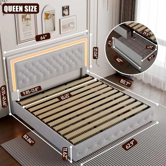 LED Bed Frame, Upholstered Bed with 4 Drawers, Adjustable Upholstered Headboard Diamond Bed Frame, No Box Spring Needed