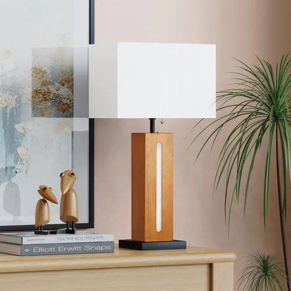 A Set Of Two Table Lamps  Modern Adjustable Light Bedside Lamps With LED Sleep Light Farm-style Square Wood-grain Bedside Lamps