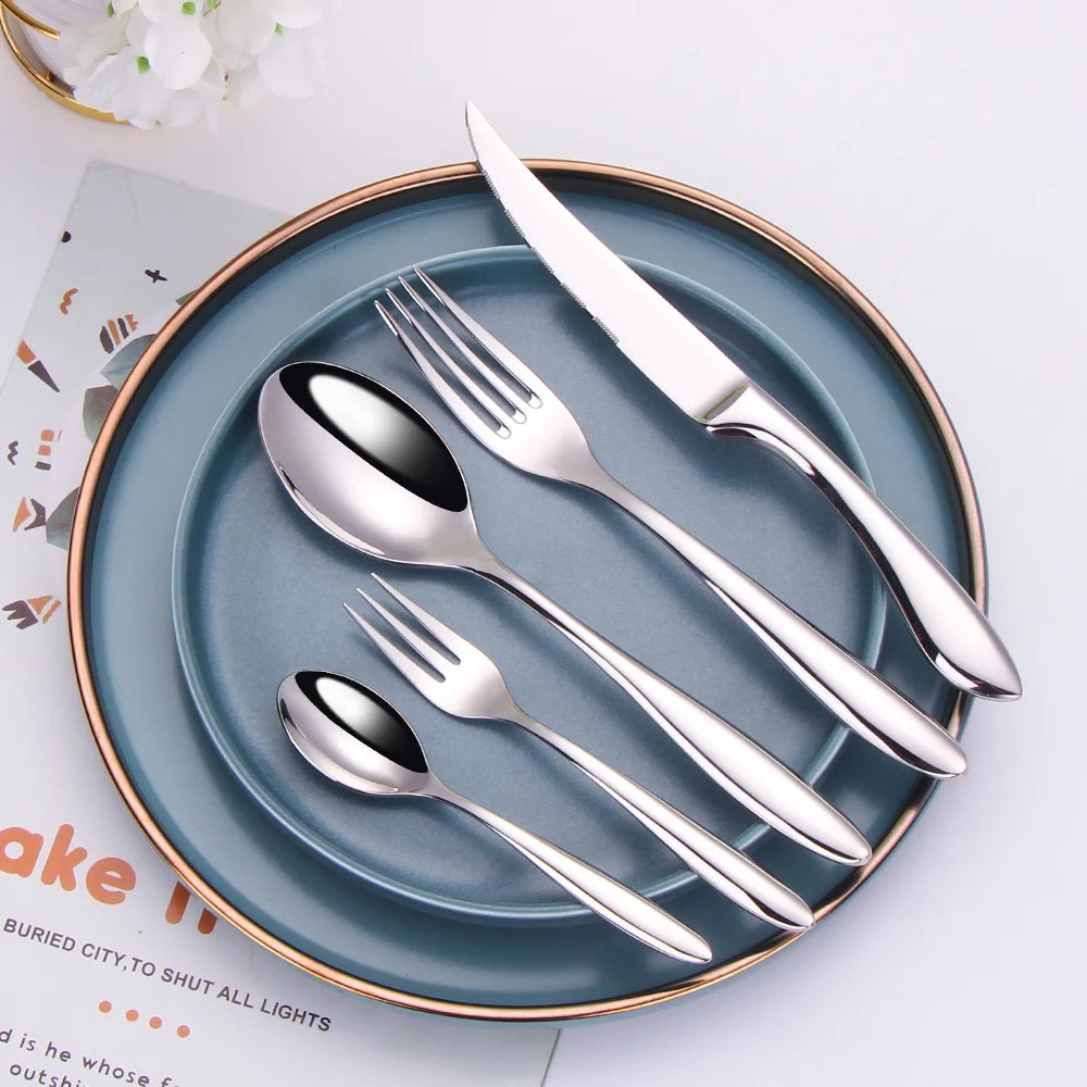 6/16/20/24Pcs Sliver Tableware Stainless Steel 304 Cutlery Set Mirror Knife Fork Spoon Western Dinner Set Smooth Handle Flatware