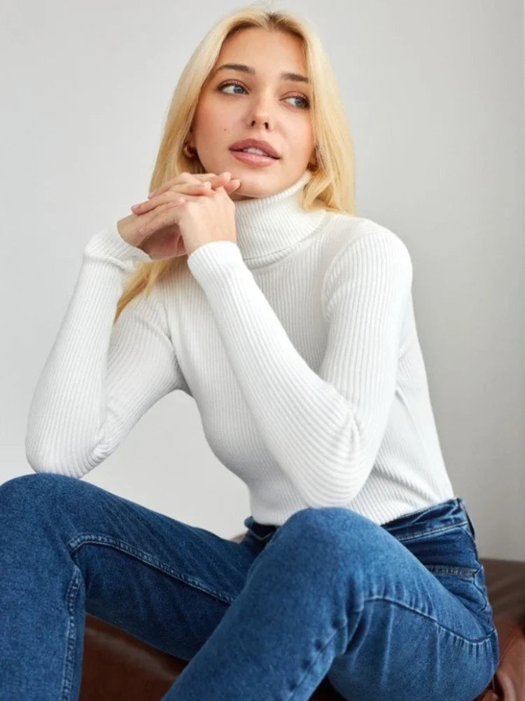 2025 Autumn Winter Turtleneck Sweaters Slim Versatile Tops Women Soft Warm Pullover Ribbed Knitted Simple Elegant Women Sweater