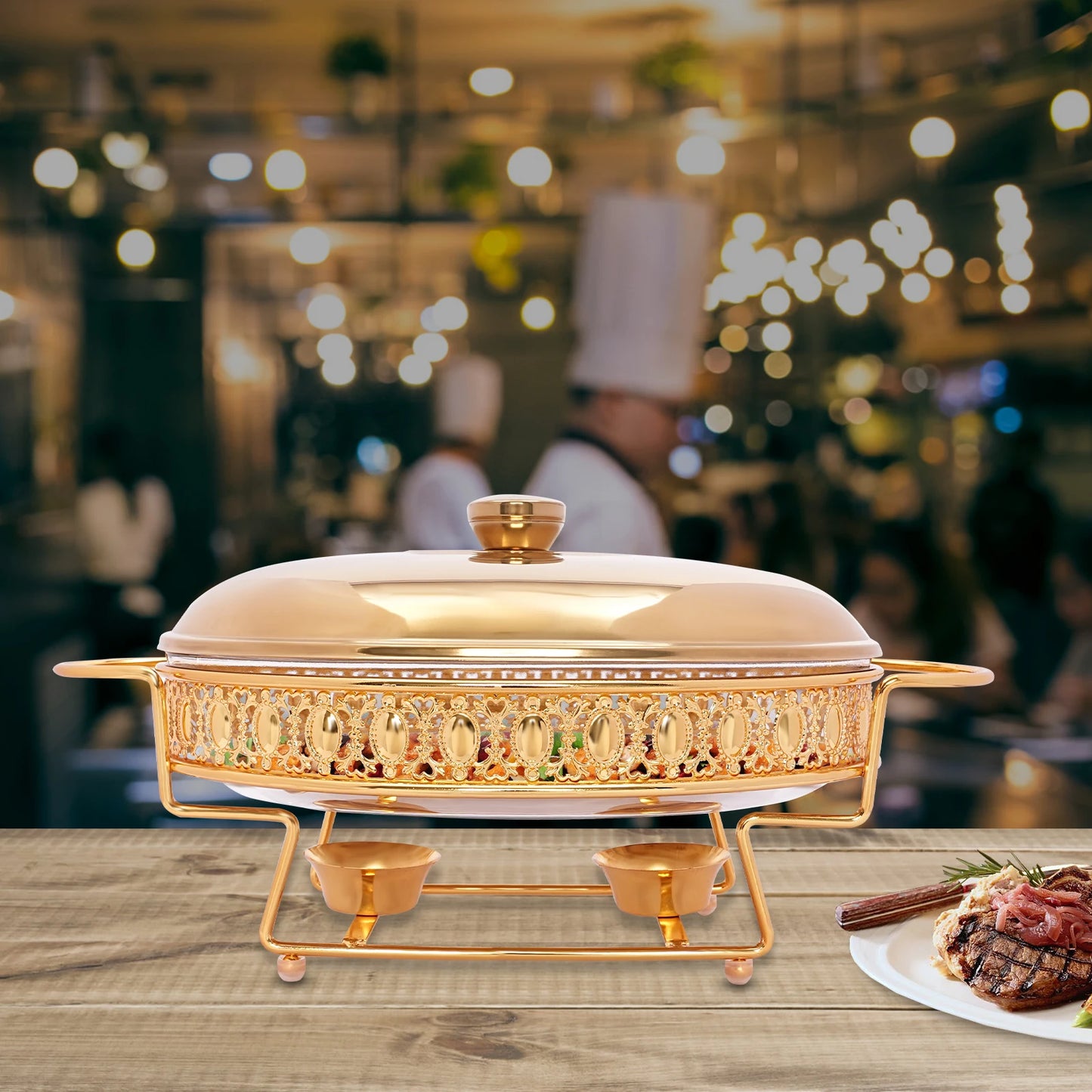 Gold Oval Table Standing Chafing Dish Set, 2L/2.11qt Stainless Steel & Glass Buffet Food Warmer for Catering, Parties & Home Use