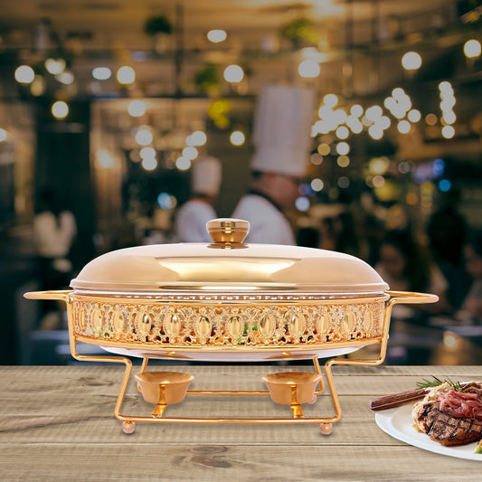 Gold Oval Table Standing Chafing Dish Set, 2L/2.11qt Stainless Steel & Glass Buffet Food Warmer for Catering, Parties & Home Use