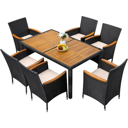 7 Piece Outdoor Patio Dining Set, Conversation Set, 1 Table and 6 Rattan Chairs, Curved Acacia Wood Armrests and Cushions