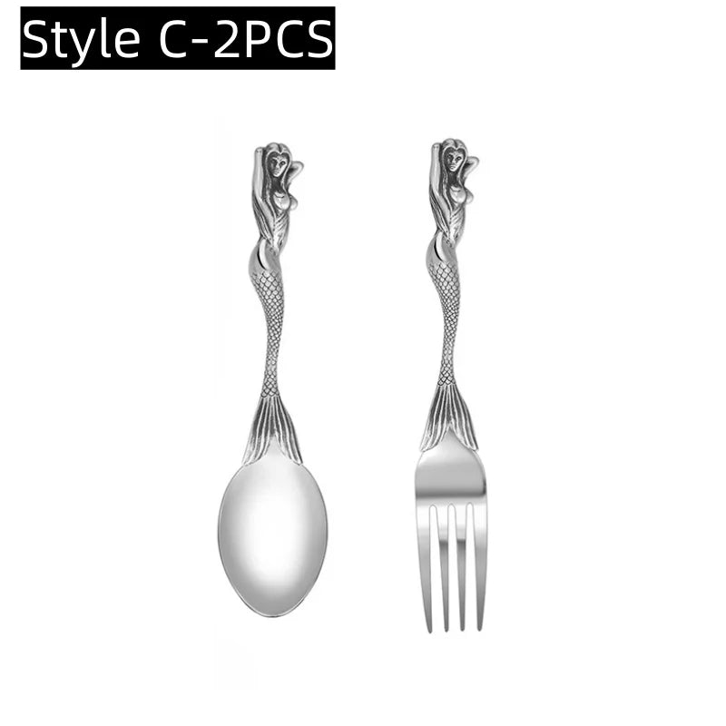 Creative Party Decor Fork and Spoon Set Skull Angel Mermaid Cutlery Stainless Steel Fork Spoon Halloween Party Dinner Cutlery