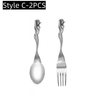 Creative Party Decor Fork and Spoon Set Skull Angel Mermaid Cutlery Stainless Steel Fork Spoon Halloween Party Dinner Cutlery