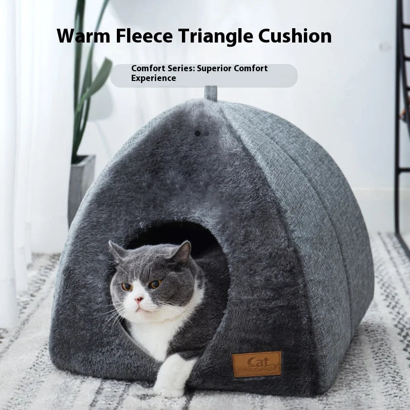 New Triangular Enclosed Cat House - Warm Plush Pet Bed for Deep Sleep, Cozy Shelter for Cats and Small Dogs
