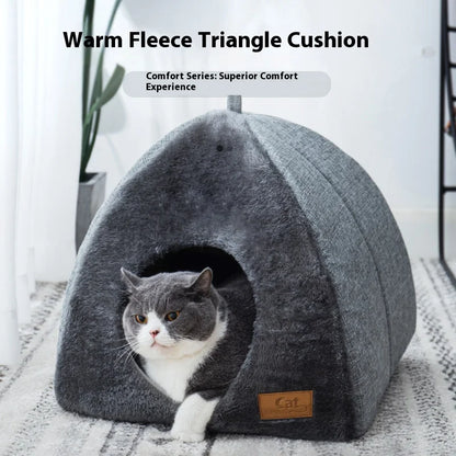 New Triangular Enclosed Cat House - Warm Plush Pet Bed for Deep Sleep, Cozy Shelter for Cats and Small Dogs
