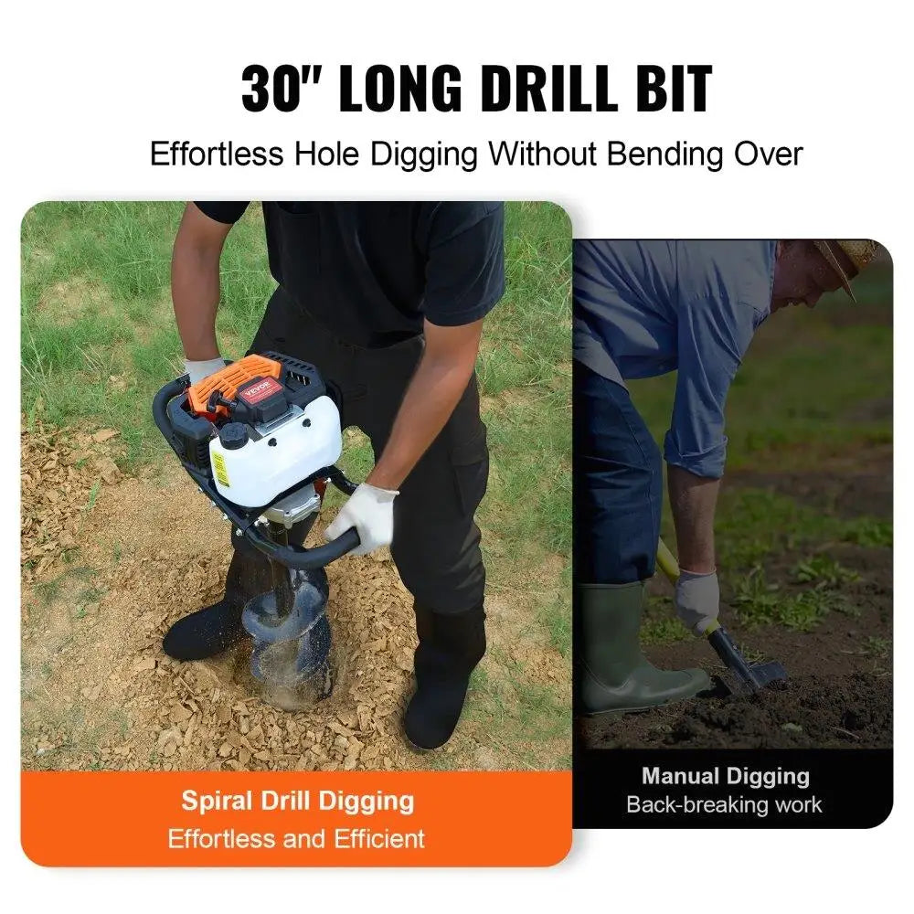 Professional Grade Gas Post Hole Digger 52CC 1450W with 8 inch Drill Bits and Extension Rod