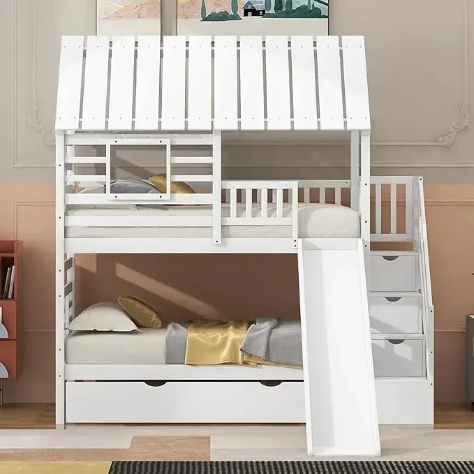House Bunk Bed with Convertible Slide and Ladder, Floor Bunk Bed Twin Over Twin Bunk Bed with Roof and Security Guardrails