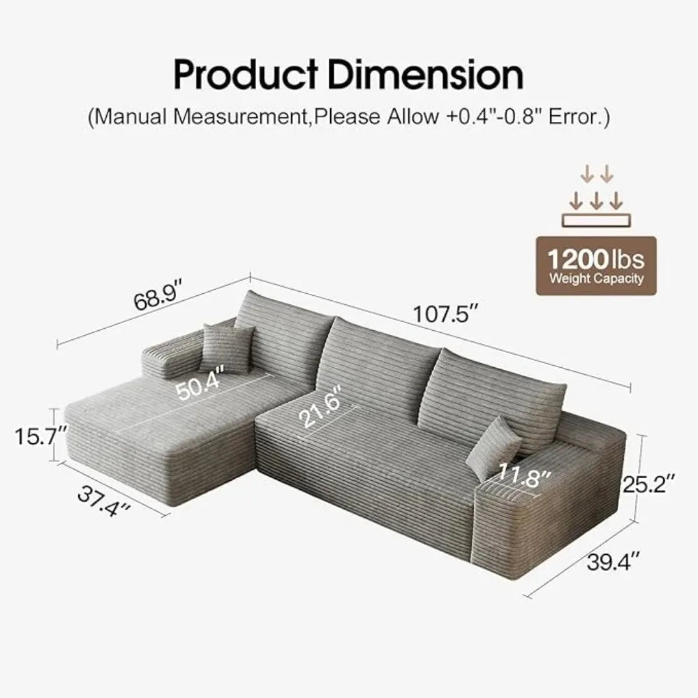 107.5" Boneless Corduroy Living Room Sofa – L-Shaped Cloud Sectional with Chaise, Modular Deep Seat & No Assembly