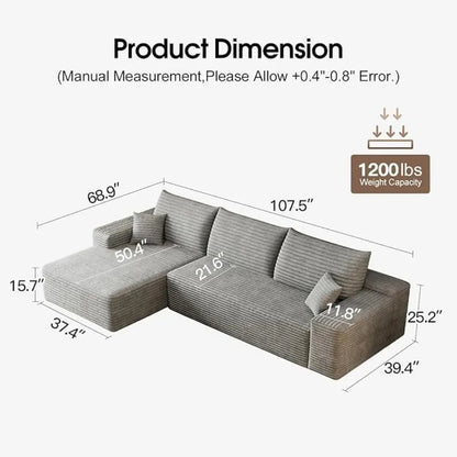 107.5" Boneless Corduroy Living Room Sofa – L-Shaped Cloud Sectional with Chaise, Modular Deep Seat & No Assembly