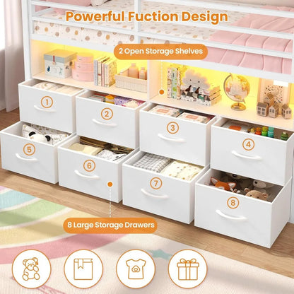 Children's Twin Loft Bed with 8 Storage Drawers, LED Lights, House-Shaped Metal Frame, Bookcase, and Soft Foam Ladder for Enhanc