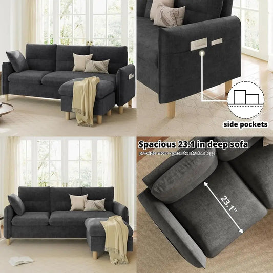 "80 Inch L-Shaped Sectional Sofa for Living Spaces, 3-Seat Couch with Removable Ottoman, Contemporary Convertible Sofas, Compact