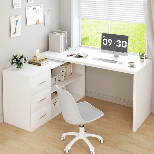 Hot saleHot-sellingWhite L-Shaped Computer Desk with 3 Drawers and 2 Shelves, Reversible Home Office Corner Desk for Writing Stu
